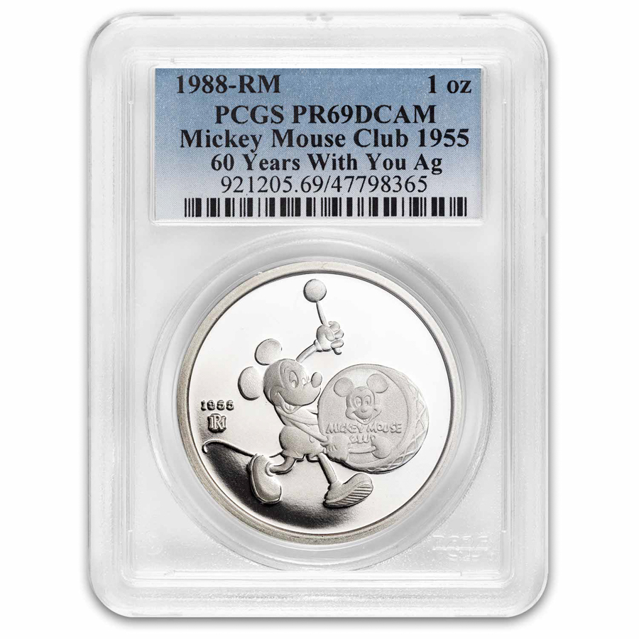 1988 1 oz Silver Disney's Mickey Mouse Club PR-69 PCGS 1988 1 oz Silver Disney's Mickey Mouse Club PR-69 PCGS