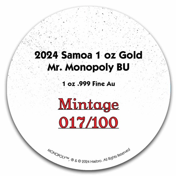 2024 Samoa 1 oz Gold Mr. Monopoly BU