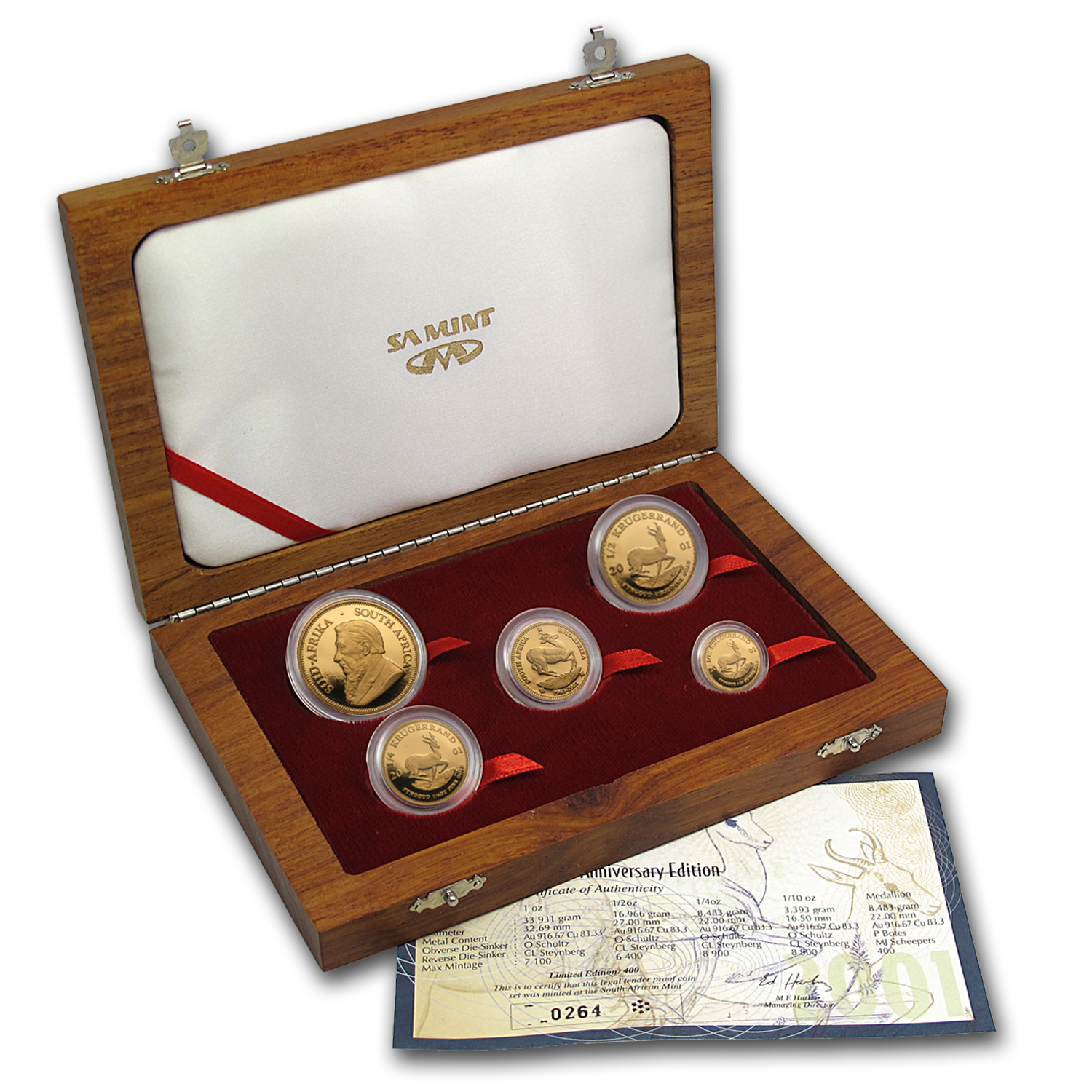 2001 South Africa 5-Coin Gold Krugerrand Proof Set (w/Box & COA)