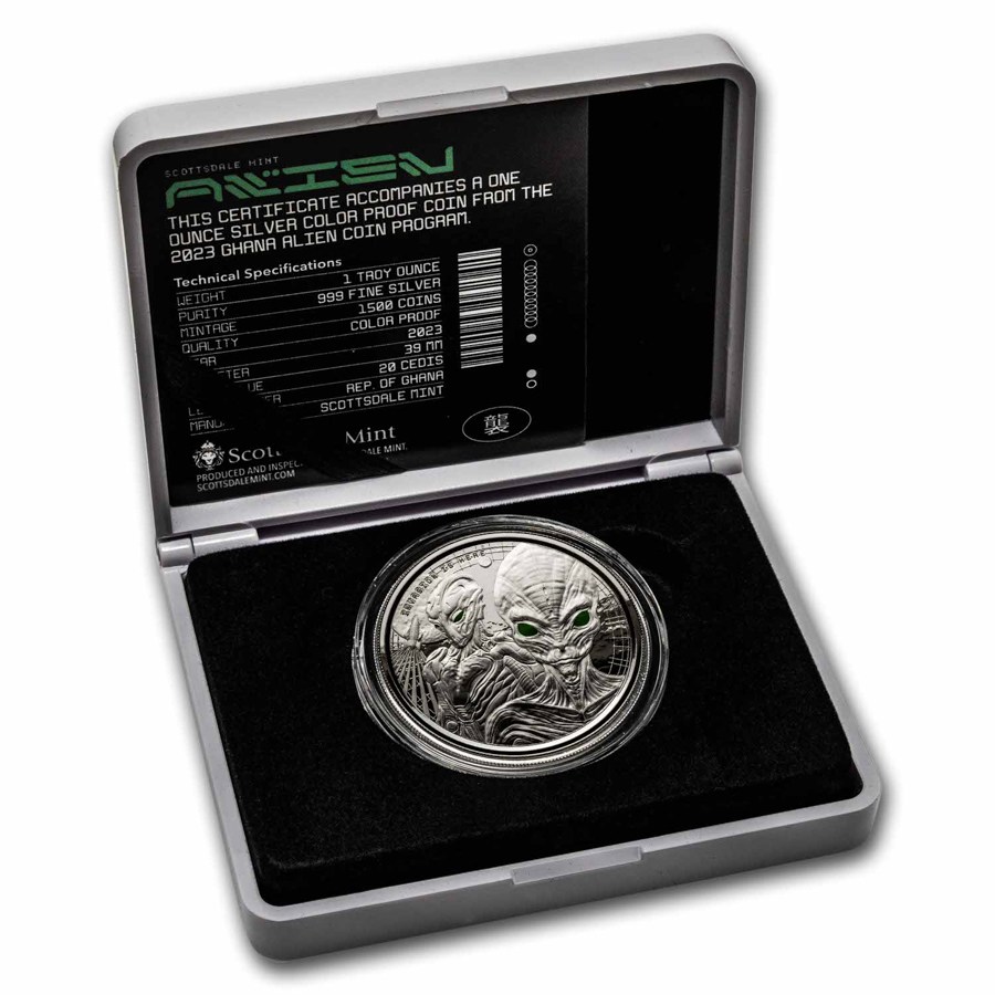2023 Ghana 1 oz Silver 20 Cedis Space Alien Colorized Proof