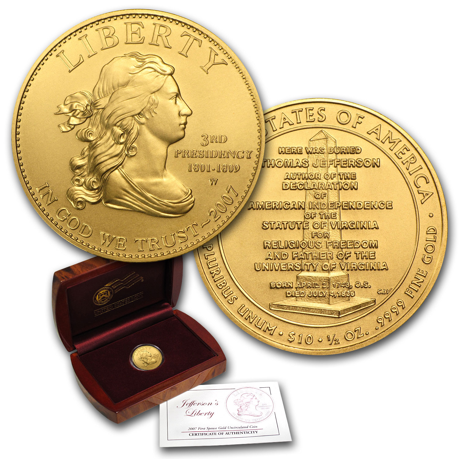 2007-W 1/2 oz Gold Jefferson's Liberty BU (w/Box & COA)