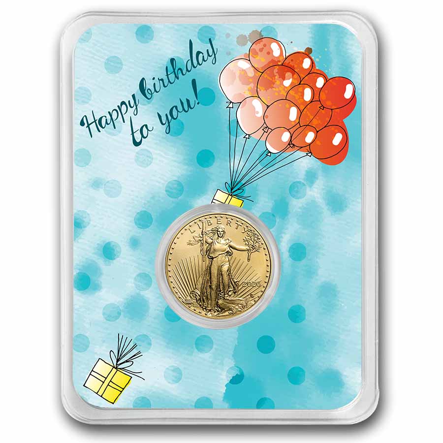 2026 1/10 oz Gold Eagle - w/Happy Birthday, Balloons Card, In TEP