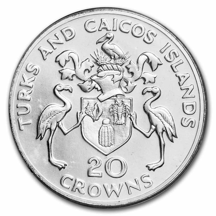 1974 Turks & Caicos Silver 20 Crowns Matte