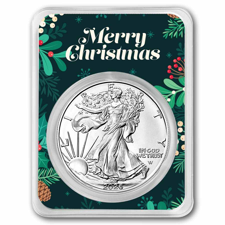 2026 1 oz American Silver Eagle - w/Green Christmas Holly Card