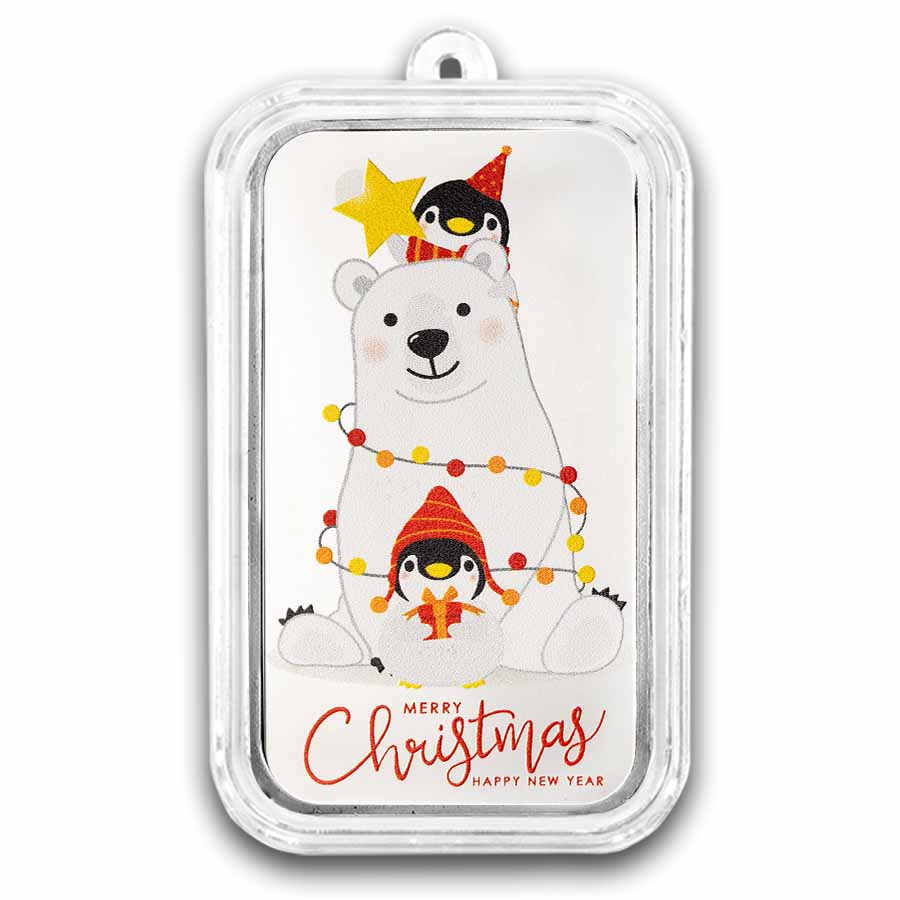 2026 1 oz Silver Colorized Bar - Christmas Polar Bear & Penguins