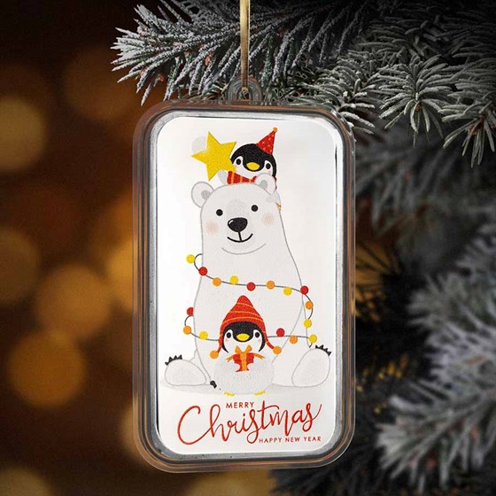 2026 1 oz Silver Colorized Bar - Christmas Polar Bear &amp; Penguins