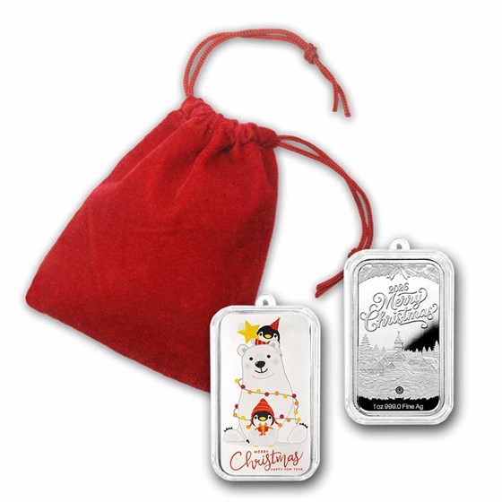 2026 1 oz Silver Colorized Bar - Christmas Polar Bear &amp; Penguins