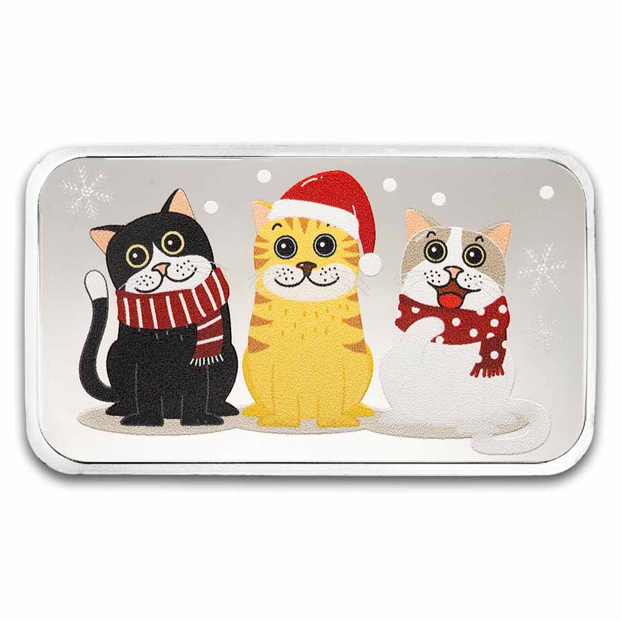 1 oz Silver Colorized Bar - Meowy Christmas & Happy New Year