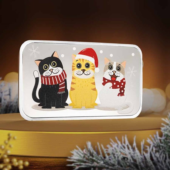 1 oz Silver Colorized Bar - Meowy Christmas &amp; Happy New Year
