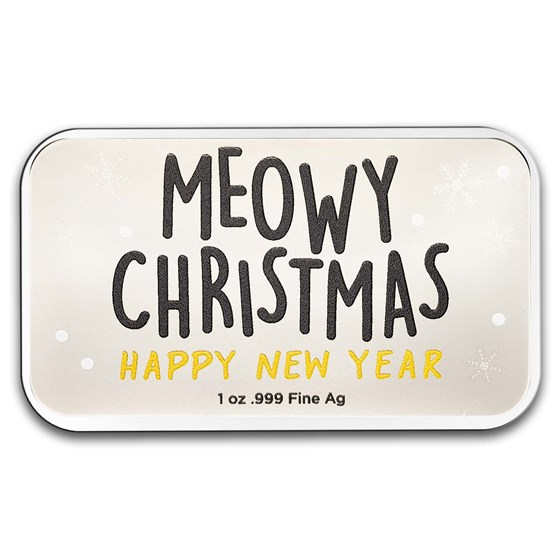 1 oz Silver Colorized Bar - Meowy Christmas &amp; Happy New Year