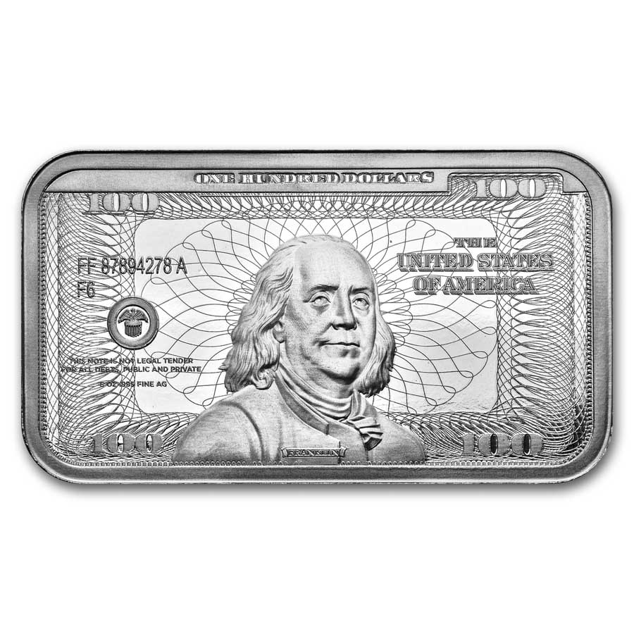 5 oz Silver Bar – Ben Franklin $100 Bill Design