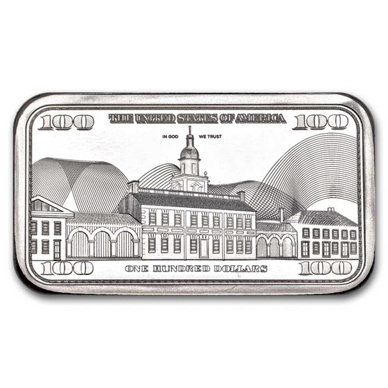 5 oz Silver Bar – Ben Franklin $100 Bill Design