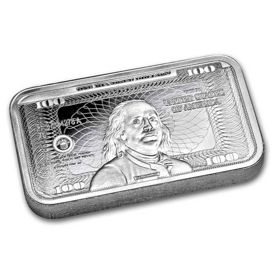 5 oz Silver Bar – Ben Franklin $100 Bill Design
