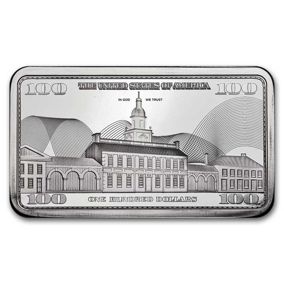 10 oz Silver Bar – Ben Franklin $100 Bill Design