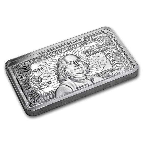 10 oz Silver Bar – Ben Franklin $100 Bill Design