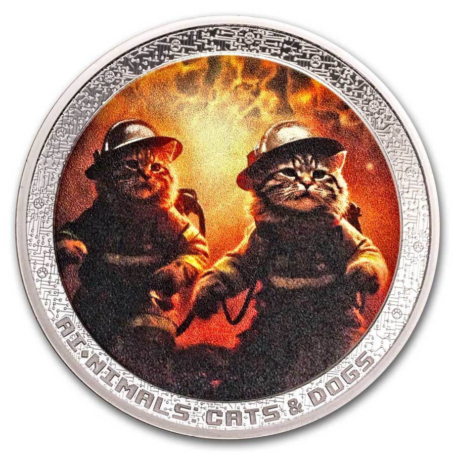 2025 Cameroon 1 oz Silver AI•NIMALS Cat Firefighter (Box & COA)
