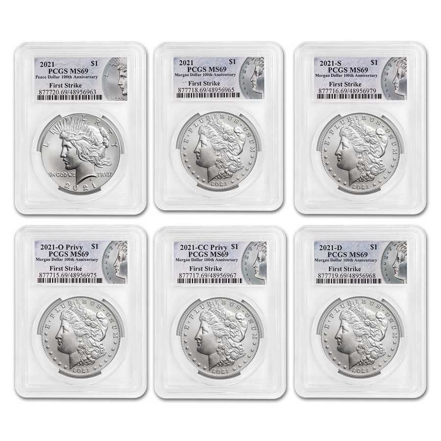6-Coin 2021 Morgan/Peace Dollar Set MS-69 PCGS (FS)