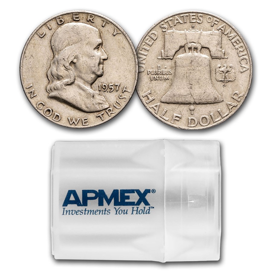 1957-D Franklin Half Dollar 20-Coin Roll Avg Circ
