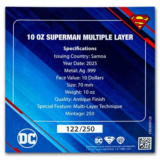 2025 Barbados 10 oz Silver Antique Superman (w/ Box &amp; COA)