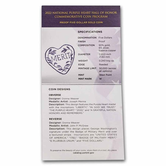 2022-W Gold $5 Commem Purple Heart Proof (w/Box &amp; CoA)