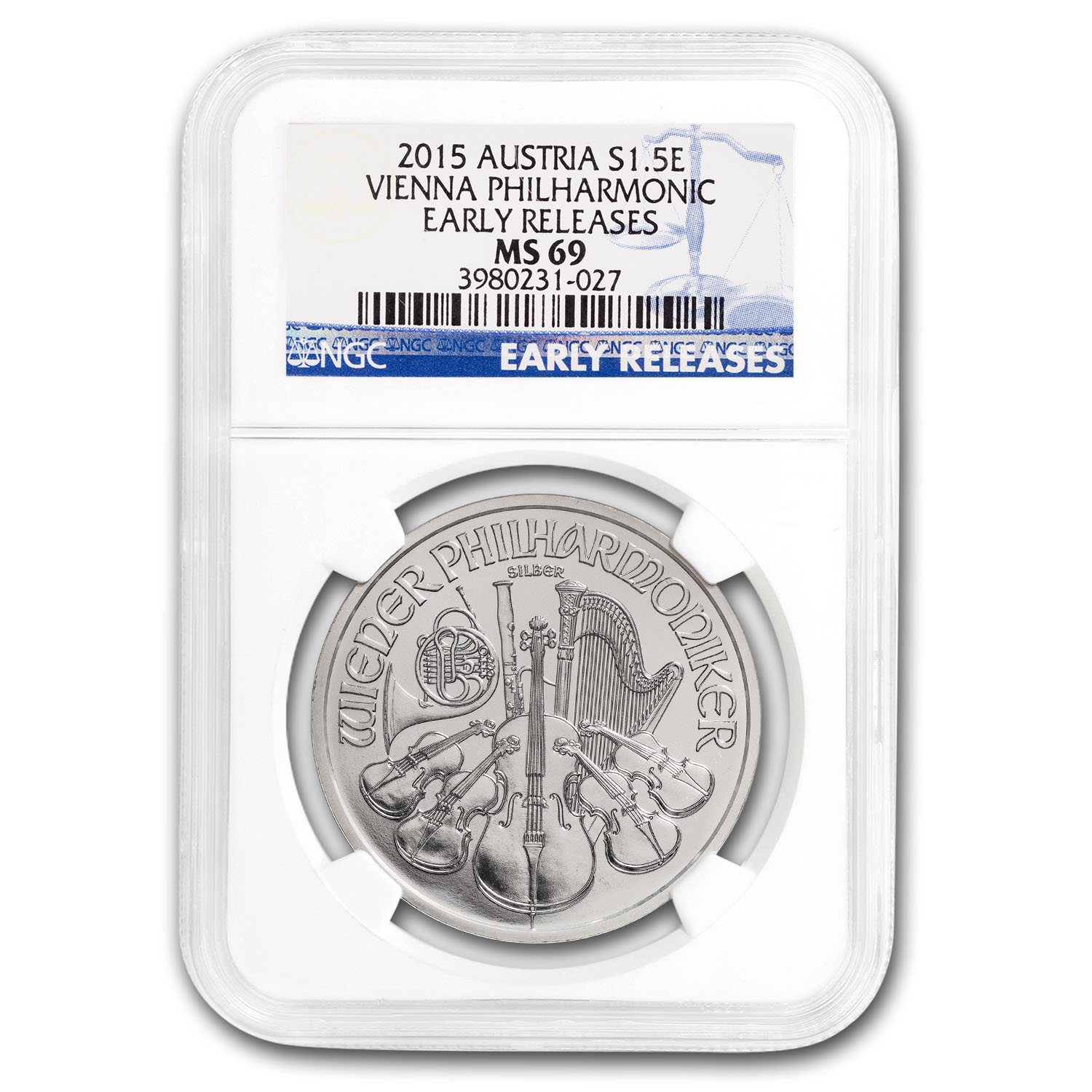 2015 Austria 1 oz Silver Philharmonic MS-69 NGC ER (Milk Spots)