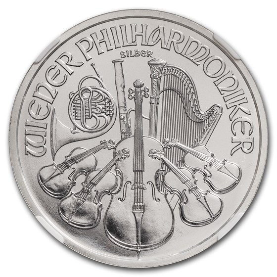2015 Austria 1 oz Silver Philharmonic MS-69 NGC ER (Milk Spots)