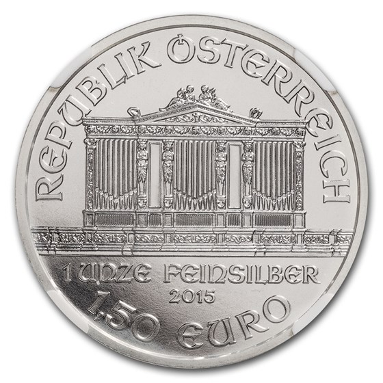 2015 Austria 1 oz Silver Philharmonic MS-69 NGC ER (Milk Spots)