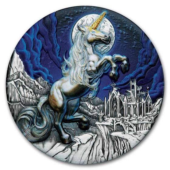 2025 TUV 5 oz Silver Colorized Unicorn Antiqued SP-70 PCGS HR FS