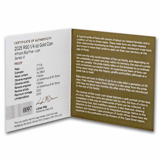 2025 South Africa 1/4 oz Proof Gold Big Five Lion (w/ Box &amp; COA)