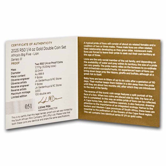 2025 South Africa 2-Coin Gold Big Five Lion Proof Set