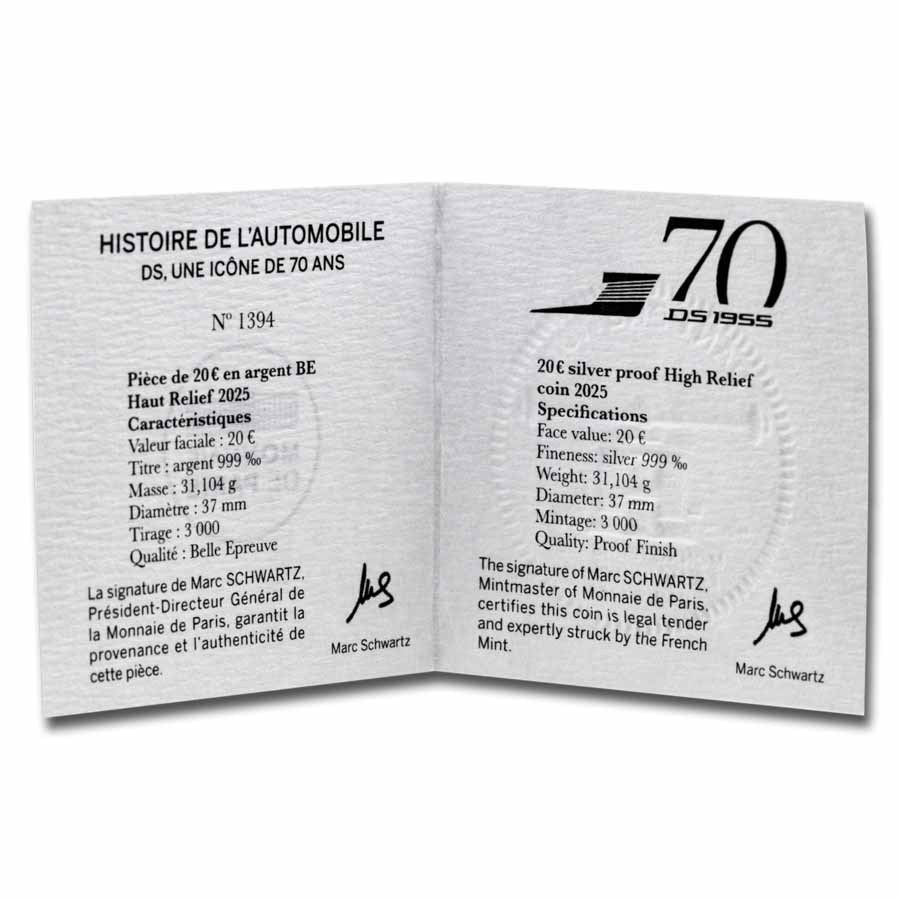 2025 1 oz Silver Proof HR €20 70th Anniversary of the DS