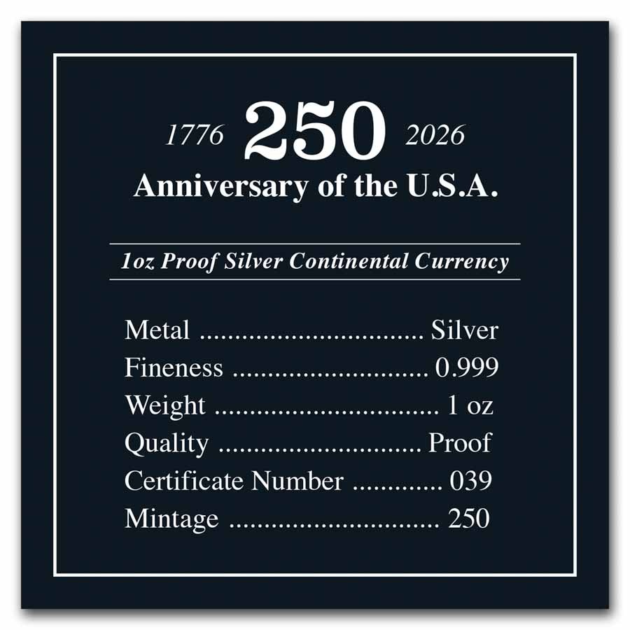 1 oz Silver Proof - 1776 Continental Currency Dollar Coin (w/Box)