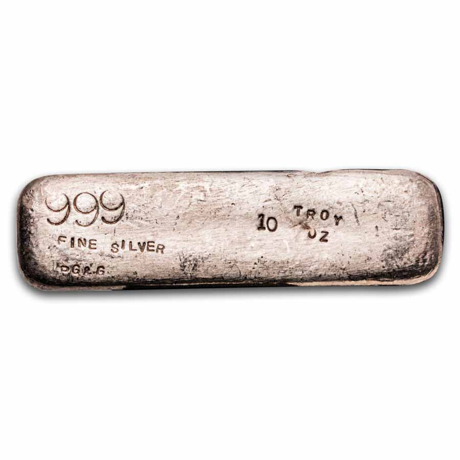 10 oz Silver Bar - Vintage PG&amp;G (Prospectors Gold &amp; Gems)