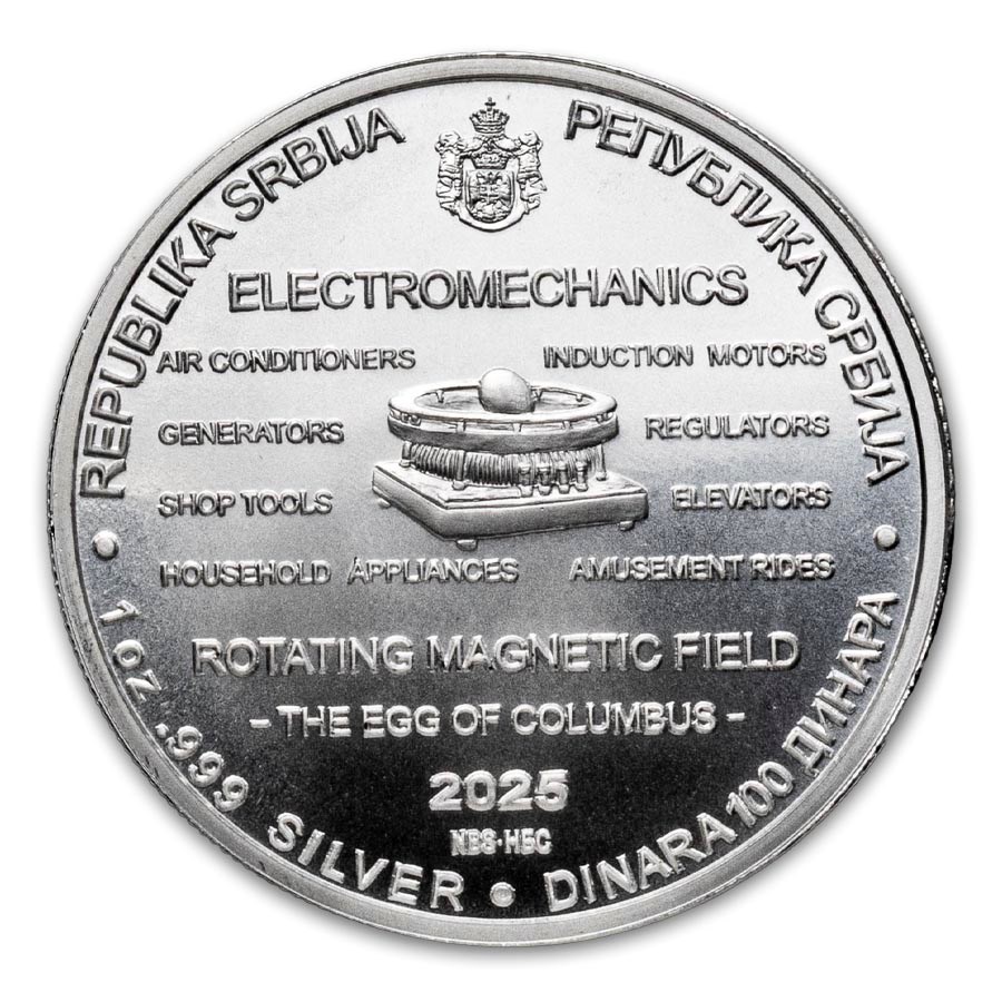 2025 Serbia 1 oz Silver 100 Dinar Tesla: Rotating Magnetic Field