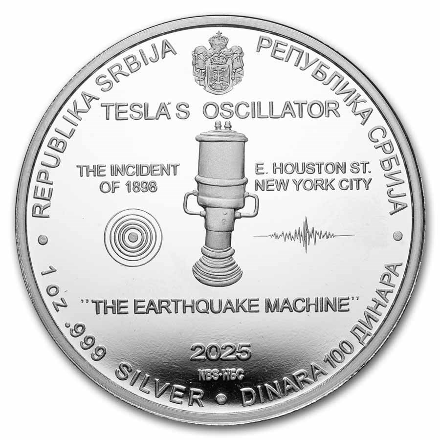 2025 Serbia 1 oz Ag Proof 100 Dinar Tesla: The Earthquake Machine