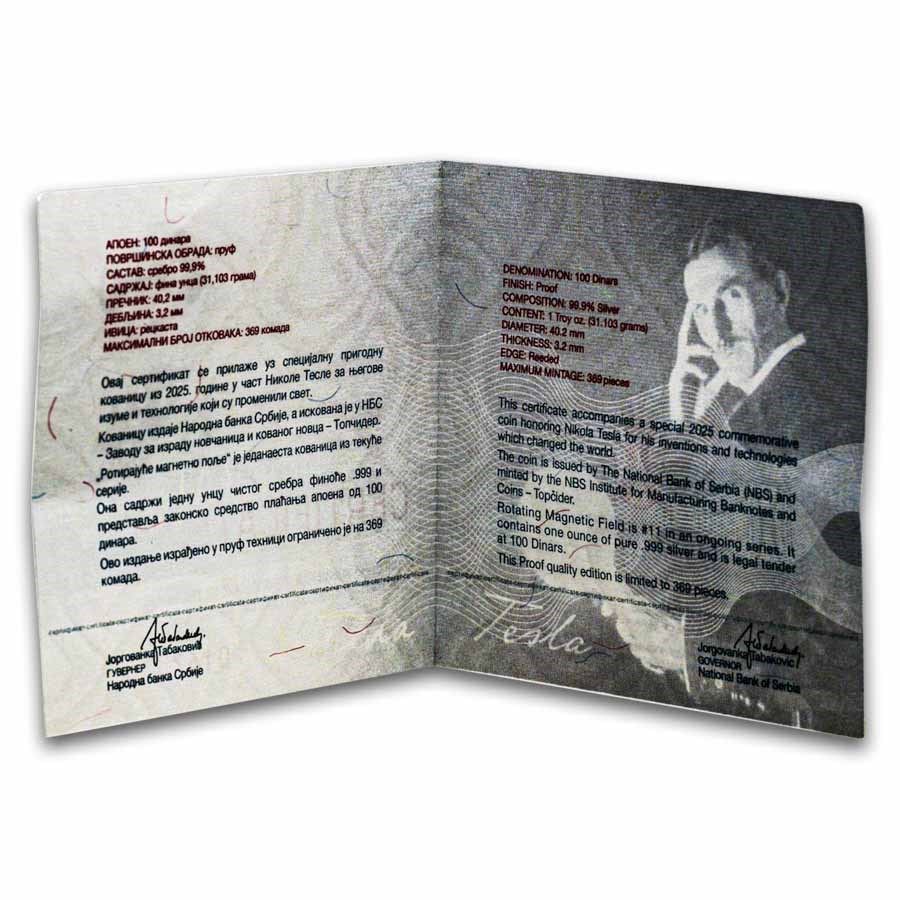 2025 Serbia 1 oz Ag Proof 100 Dinar Tesla: The Earthquake Machine