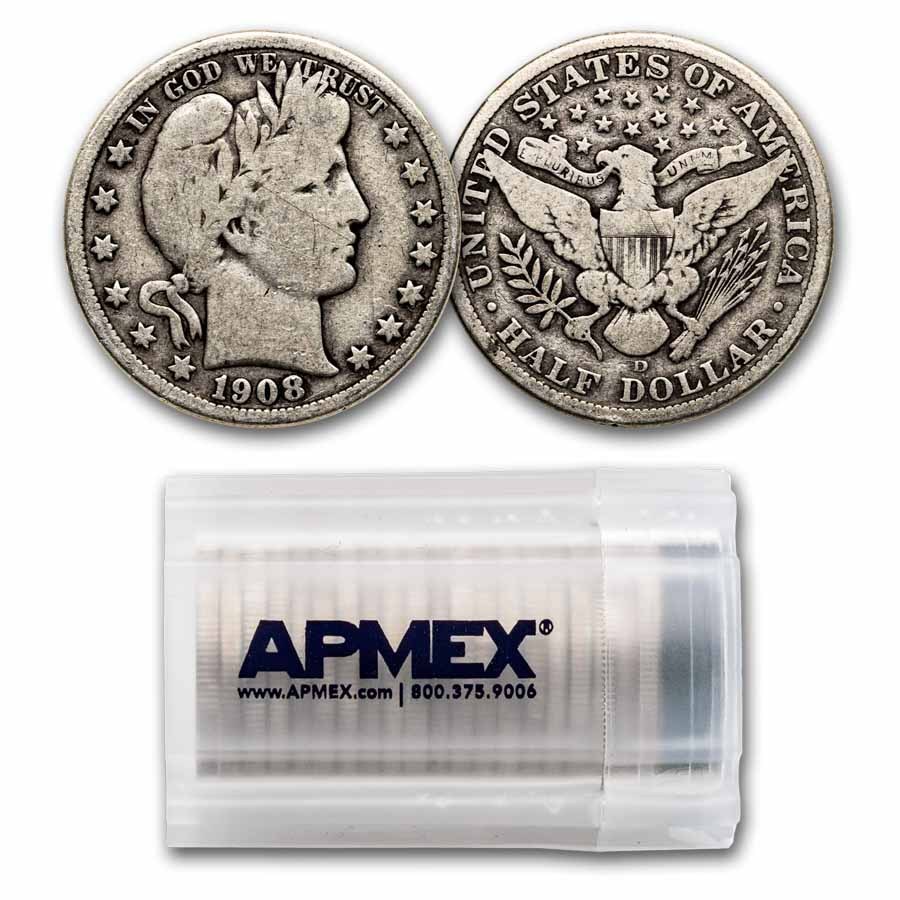 1908-D Barber Half Dollar 20-Coin Roll Avg Circ