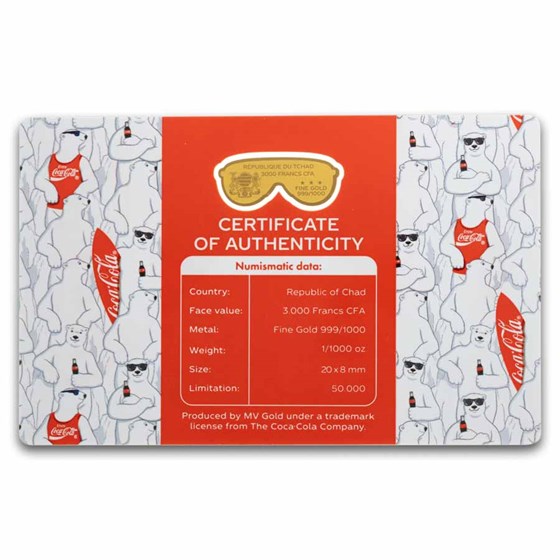 Coca-Cola® 1/1000 oz Gold Polar Bear in Sunglasses Shaped Coin
