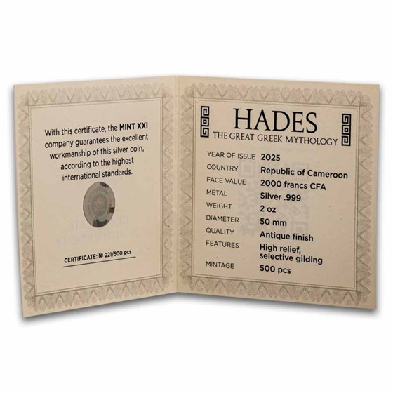 2025 Republic of Cameroon 2 oz Silver Greek Mythology; Hades