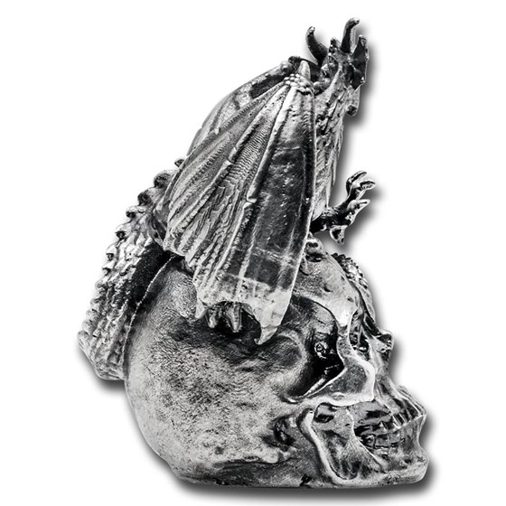 2.9 oz Silver Hand Poured Statue - Dragon on Skull V2