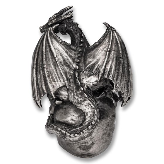 2.9 oz Silver Hand Poured Statue - Dragon on Skull V2