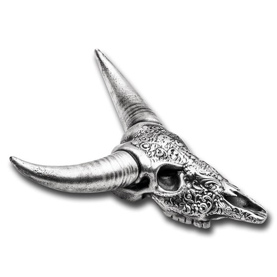3 oz Silver Hand Poured Statue - Decorated Longhorn Skull