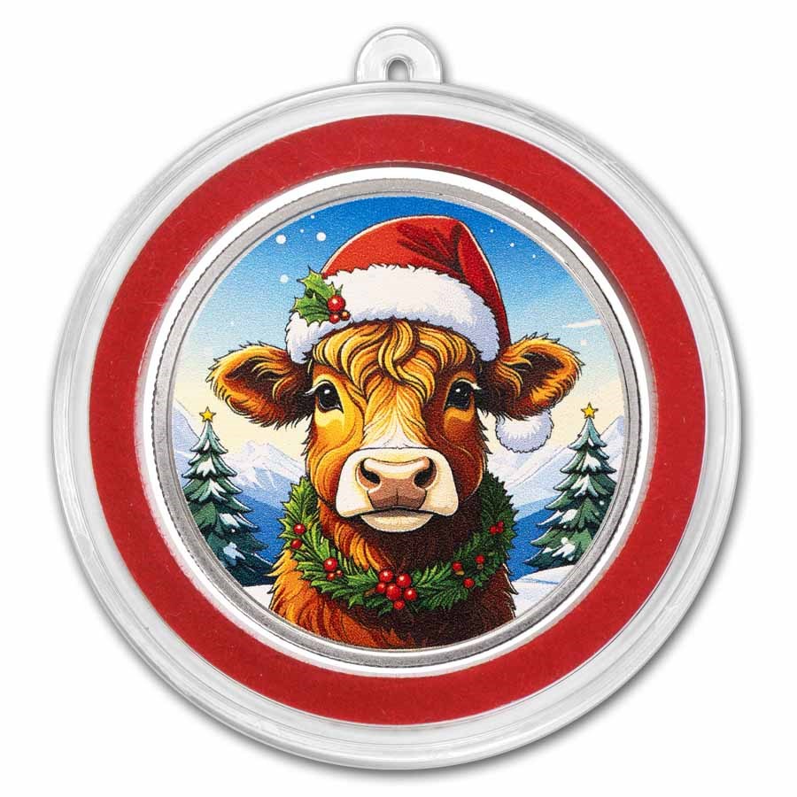 1 oz Silver Colorized Round - Happy Holidays Highland Cow