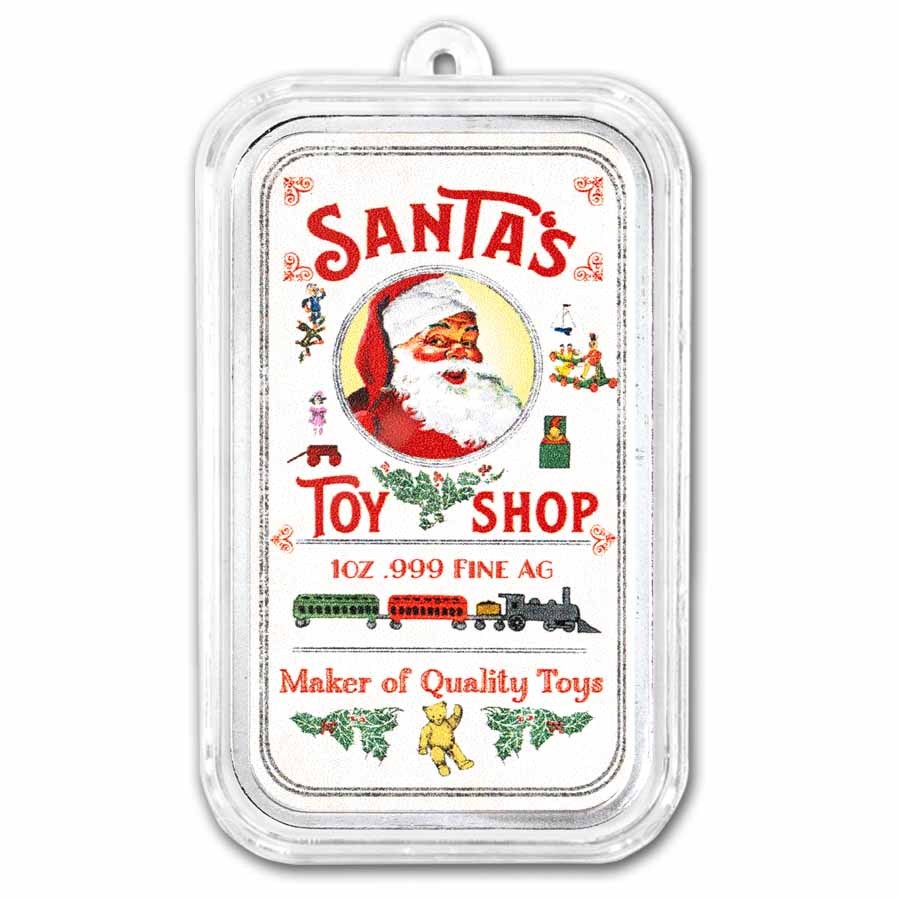 2026 1 oz Silver Colorized Bar - Vintage Santa's Toy Shop Poster