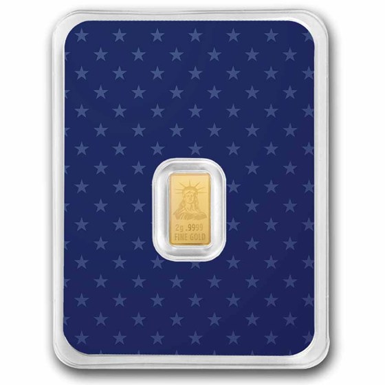 2 gram Gold Bar - United States Flag &amp; Statue of Liberty