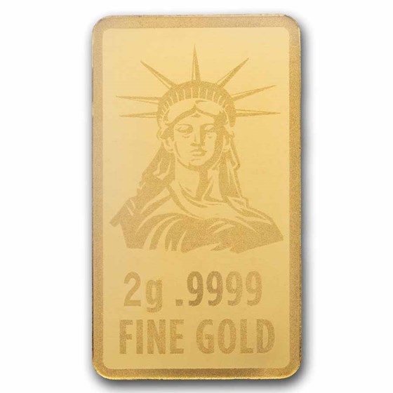 2 gram Gold Bar - United States Flag &amp; Statue of Liberty