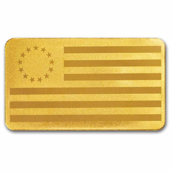 1 gram Gold Bar - American Betsy Ross Flag &amp; Liberty Bell