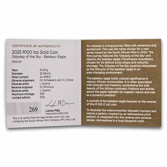 2025 South Africa 1 oz Gold The Odyssey Series: Bateleur Eagle