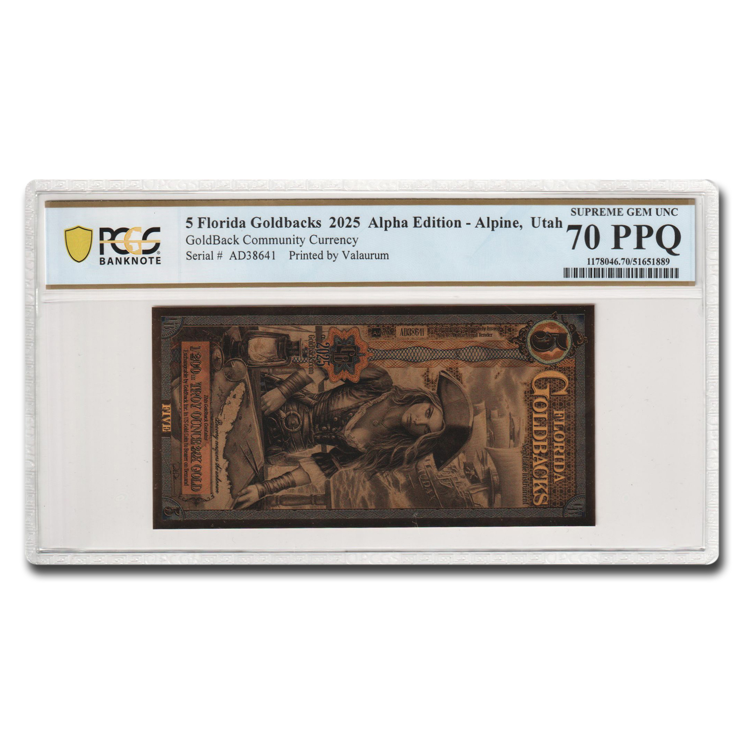5 Florida Goldback - Aurum Gold Foil Note 24k MS-70 PCGS (Alpha)