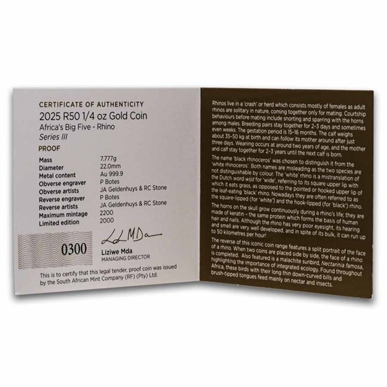 2025 South Africa 1/4 oz Proof Gold Big Five Rhino (w/ Box &amp; COA)